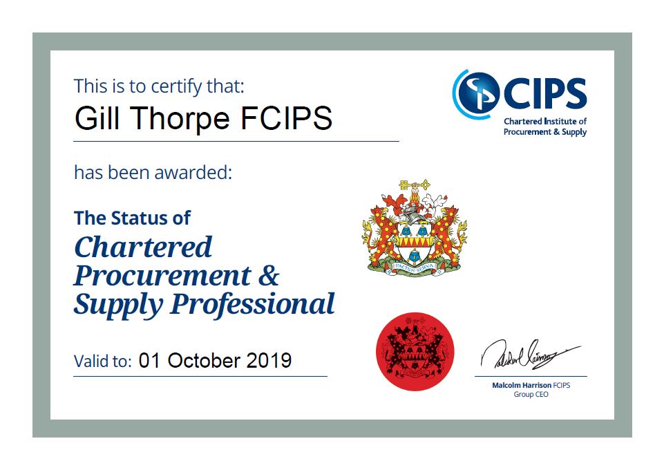 GILL Thorpe FCIPS - Our CEO is proud to achieve Chartered status of the Chartered Institute of Procurement & Supply